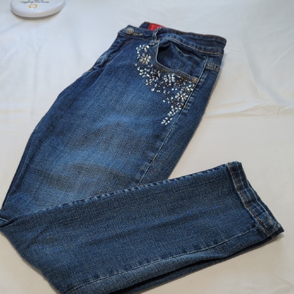 Elegant Blue Skinny Jeans with Crystal Accents - Picture 1 of 12